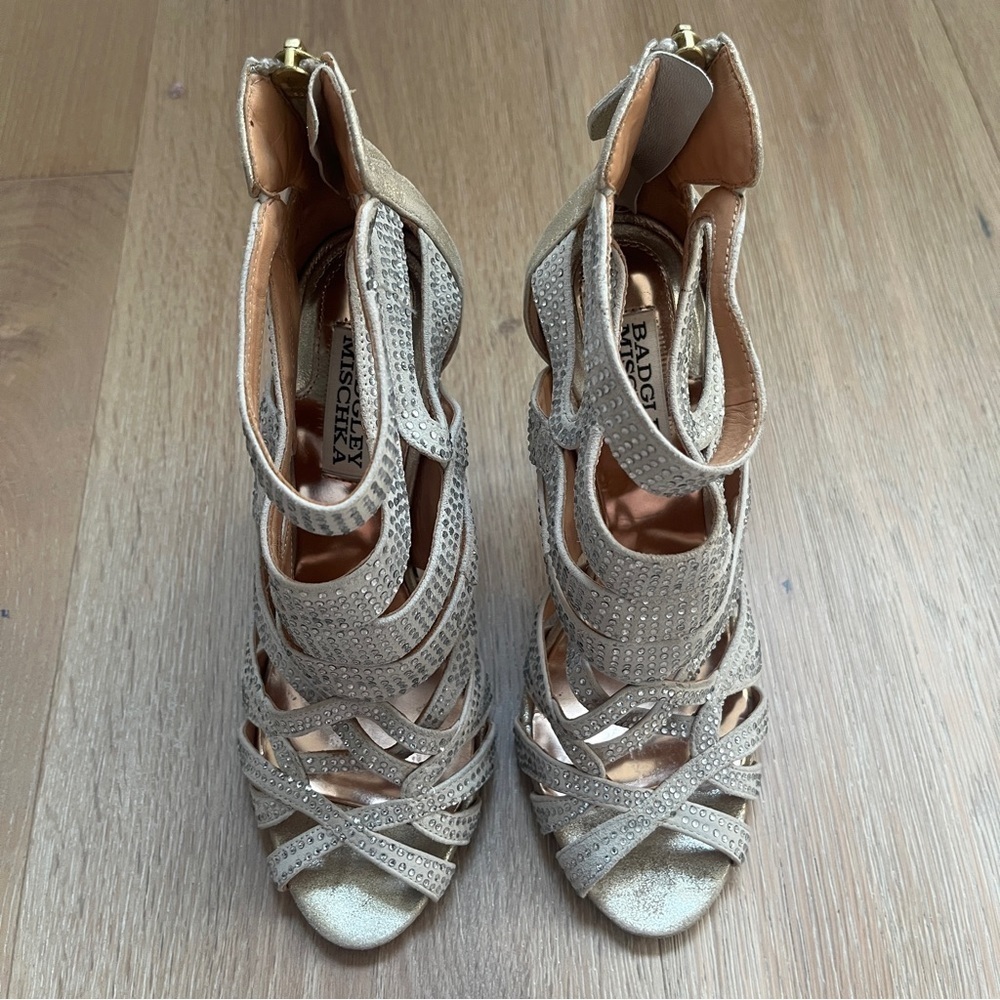 Badgley Mischka Platino silver gold Metallic Wedding Shoes 4” heels Sz 6,5M - Picture 2 of 7
